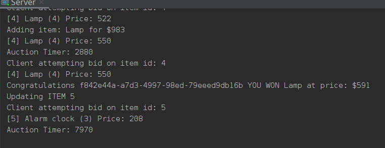 Auction server sending client won message