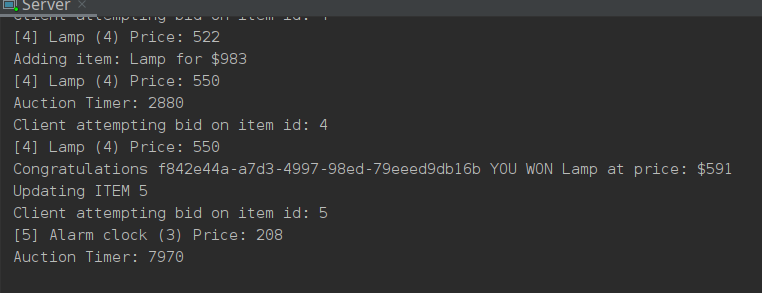 Auction server sending client won message