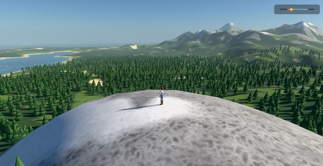An early game capture of the farming world in daylight, with mountains, forest, coastline, and a character.