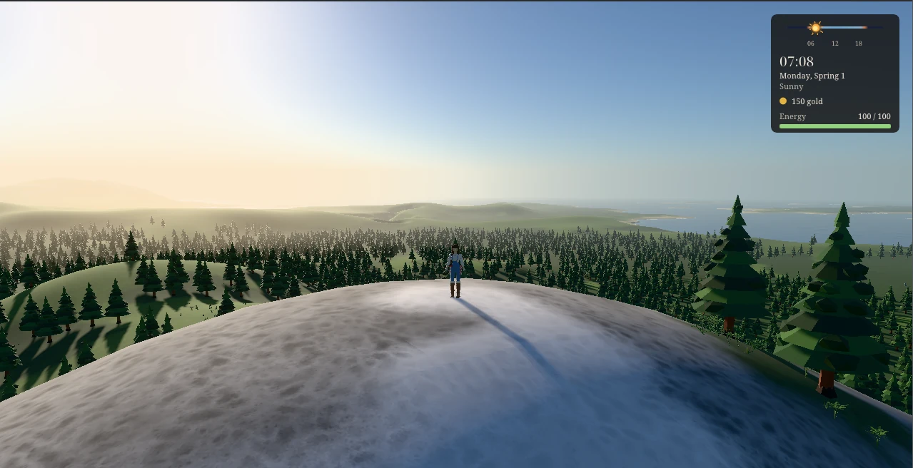 An early game capture showing a character looking across a forest and coastline at sunrise.